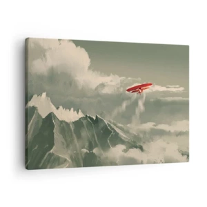 Bild auf Leinwand - Leinwandbild - Rotes Flugzeug über schneebedeckten Bergen - 70x50cm - Furchtloser Pionier - Moderne Wanddekoration für Wohnzimmer und Schlafzimmer ARTTOR