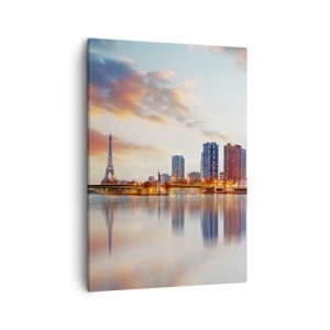 Bild auf Leinwand - Leinwandbild - Panorama moderner Gebäude und des Eiffelturms über dem Wasser - 50x70cm - Die monumentale Ruhe von Paris - Moderne Wanddekoration für Wohnzimmer und Schlafzimmer ARTTOR