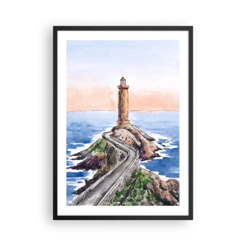 Poster in einem schwarzem Rahmen - Aquarell-Illustration eines Leuchtturms an einer felsigen Küste - 50x70cm - Dem Meer zugewandt - Moderne Wanddekoration für Wohnzimmer und Schlafzimmer ARTTOR