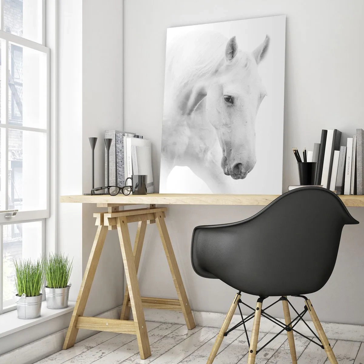Glasbild - Bild auf glas - Zwei weiße Pferde stehen sich vor einem hellen Hintergrund gegenüber - 50x70cm - Ist das Freundschaft...? - Moderne Wanddekoration für Wohnzimmer und Schlafzimmer ARTTOR