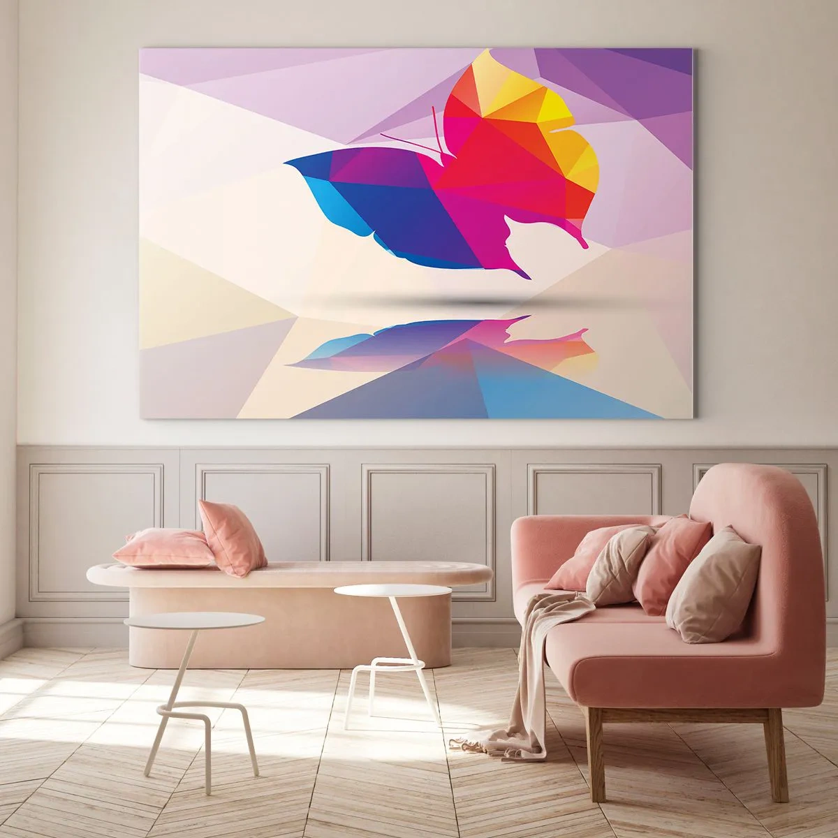 Glasbild - Bild auf glas - Geometrischer Schmetterling in leuchtend bunter Abstraktion - 120x80cm - Regenbogenschmetterling - Moderne Wanddekoration für Wohnzimmer und Schlafzimmer ARTTOR