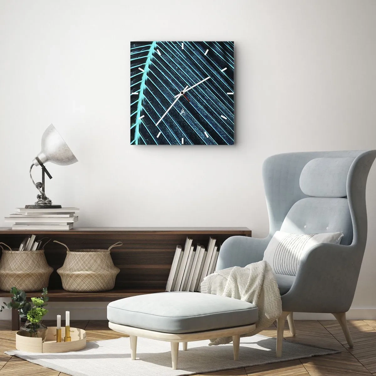 Wanduhr - Glasuhr - Makrofotografie eines Blattes in Türkis- und Marineblautönen - 30x30cm - Grüne Textur - Moderne Wanddekoration für Wohnzimmer und Schlafzimmer ARTTOR