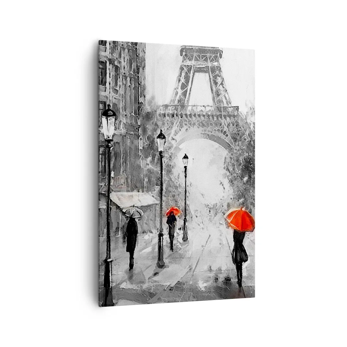 Bild auf Leinwand - Leinwandbild - Eine Straße mit Blick auf den Eiffelturm und roten Regenschirmen - 80x120cm - Alle Wege führen zu ihr - Moderne Wanddekoration für Wohnzimmer und Schlafzimmer ARTTOR