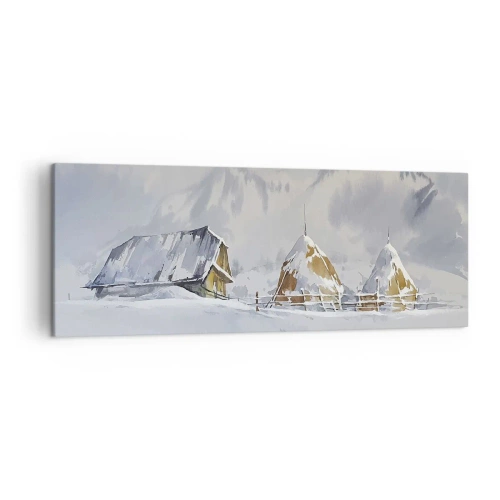 Bild auf Leinwand - Leinwandbild - Winterlandschaft mit Hütte und Heuhaufen in den Bergen - 140x50cm - In einem verschneiten Talkessel - Moderne Wanddekoration für Wohnzimmer und Schlafzimmer ARTTOR