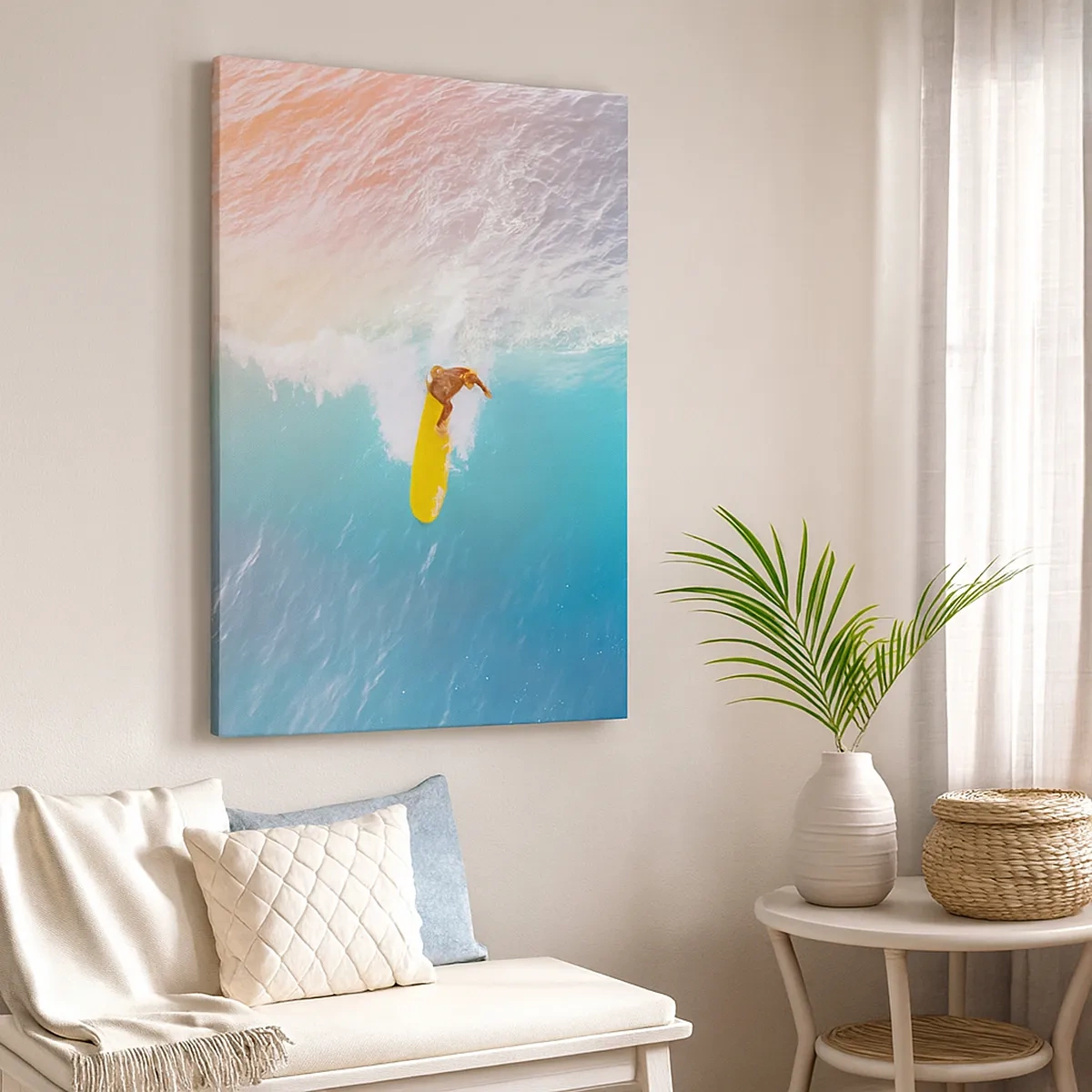 Bild auf Leinwand - Leinwandbild - Surfer auf einer Welle in Pastellfarben - 50x70cm - Der Ozeanreiter - Moderne Wanddekoration für Wohnzimmer und Schlafzimmer ARTTOR