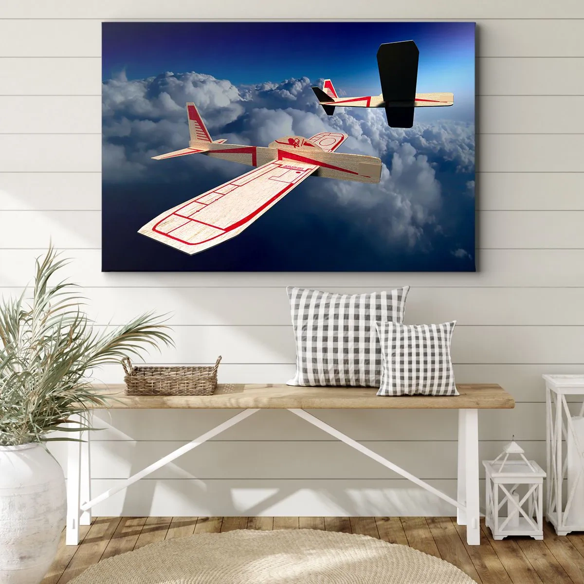 Bild auf Leinwand - Leinwandbild - Zwei Holzflugzeuge schweben über den Wolken vor einem blauen Himmel. - 70x50cm - Noch höher, noch weiter - Moderne Wanddekoration für Wohnzimmer und Schlafzimmer ARTTOR