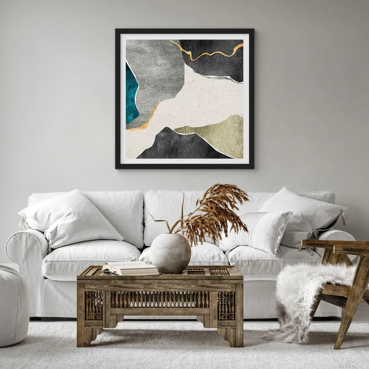 Poster in einem schwarzem Rahmen - Mosaikkomposition mit Goldfaden - 40x40 cm