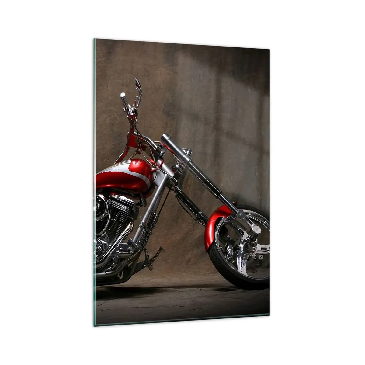 Glasbild - Bild auf glas - Rotes Custom-Motorrad vor braunem Stoffhintergrund - 80x120cm - Rote und silberne Schönheit - Moderne Wanddekoration für Wohnzimmer und Schlafzimmer ARTTOR