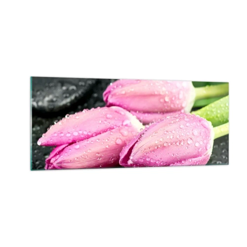 Glasbild - Bild auf glas - Liladrei auf schwarzem Stein - 100x40 cm