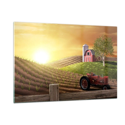 Glasbild - Bild auf glas - Sonnenuntergang über einem Bauernhof mit einem Feld und einem Traktor - 120x80cm - Ein Bauernhof wie aus einem Märchen - Moderne Wanddekoration für Wohnzimmer und Schlafzimmer ARTTOR