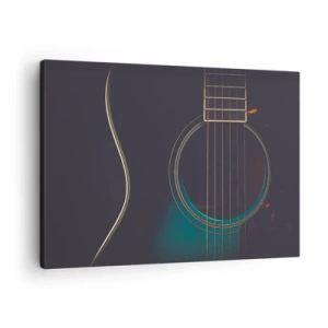Bild auf Leinwand - Leinwandbild - Akustikgitarre in dunklem, elegantem Licht - 70x50cm - Einen Moment bevor es ertönt - Moderne Wanddekoration für Wohnzimmer und Schlafzimmer ARTTOR