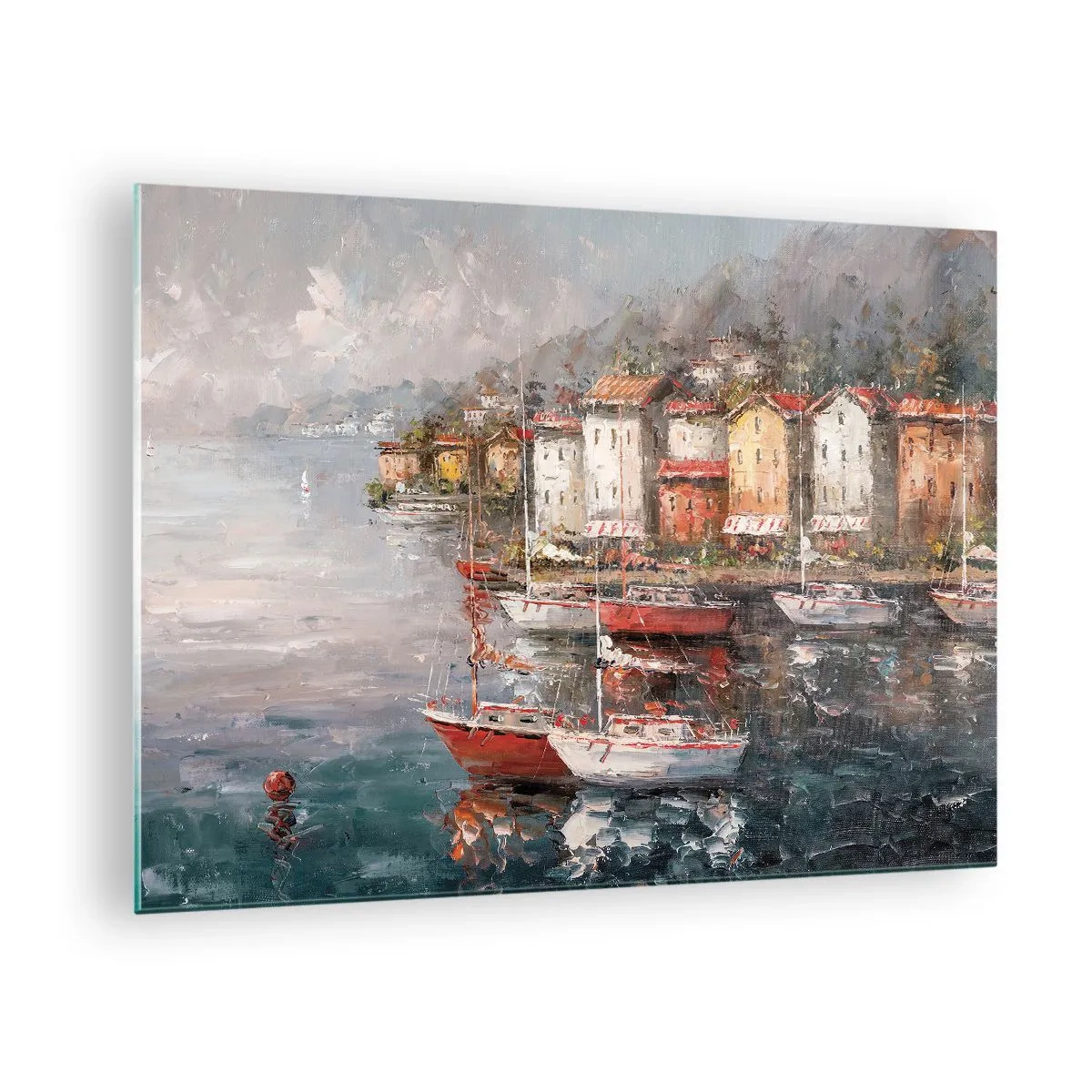 Glasbild - Bild auf glas - Ein malerischer Hafen mit Segelbooten und bunten Häusern - 70x50cm - Romantische Oase - Moderne Wanddekoration für Wohnzimmer und Schlafzimmer ARTTOR