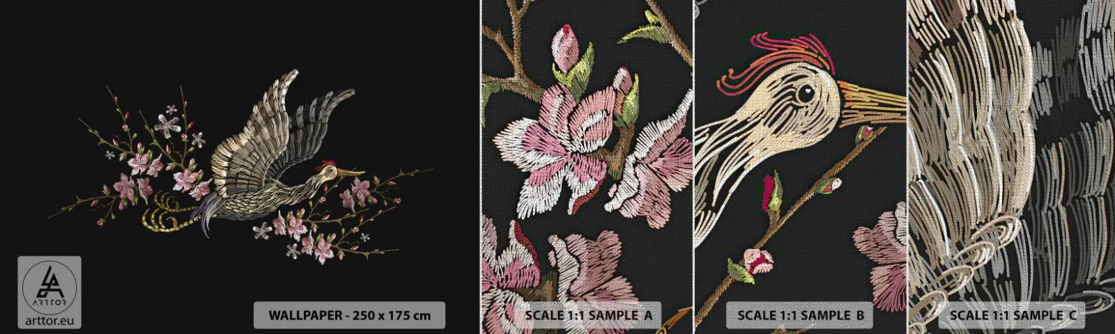 Fototapeten Muster Premium Canvas - Exotischer gestickter Vogel - Vogel, Grafik, Blumen - 100x30 cm