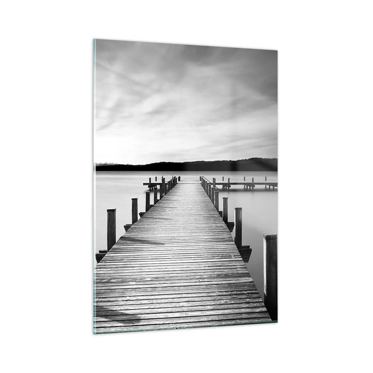 Glasbild - Bild auf glas - Ein Holzsteg führt in die Ferne über einen ruhigen See - 50x70cm - An der Wasserstelle - Ruhe - Moderne Wanddekoration für Wohnzimmer und Schlafzimmer ARTTOR