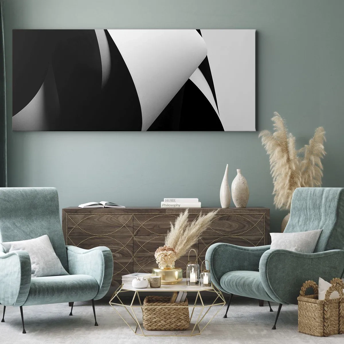 Bild auf Leinwand - Leinwandbild - Abstrakte Formen in Schwarz und Weiß mit auffälligen Kontrasten - 140x50cm - Lichtflächen aus der Schattentiefe - Moderne Wanddekoration für Wohnzimmer und Schlafzimmer ARTTOR