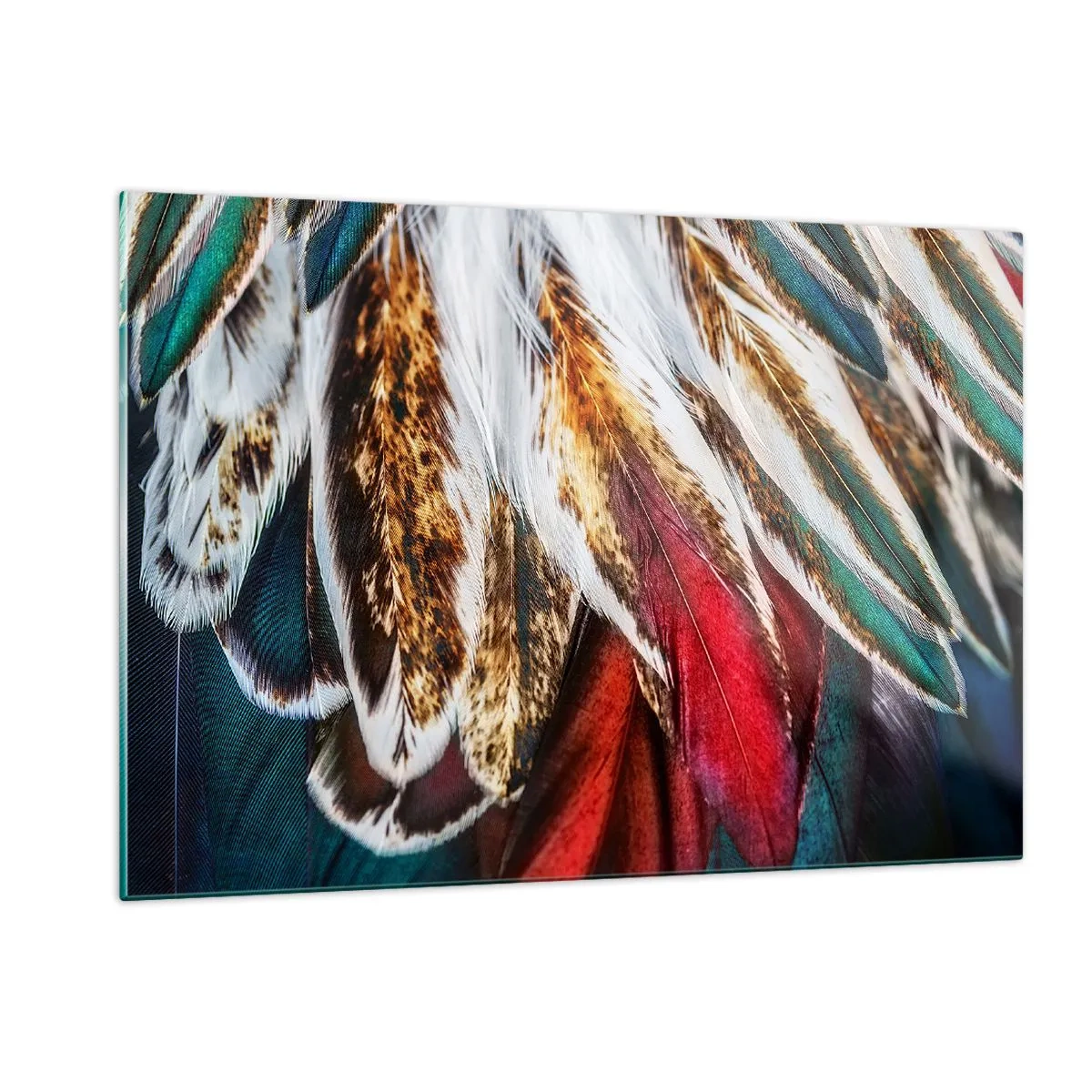 Glasbild - Bild auf glas - Bunte Federn in einer reichen Farbpalette mit einer ausgeprägten Textur - 120x80cm - Geheimnisse des Fliegens - Moderne Wanddekoration für Wohnzimmer und Schlafzimmer ARTTOR