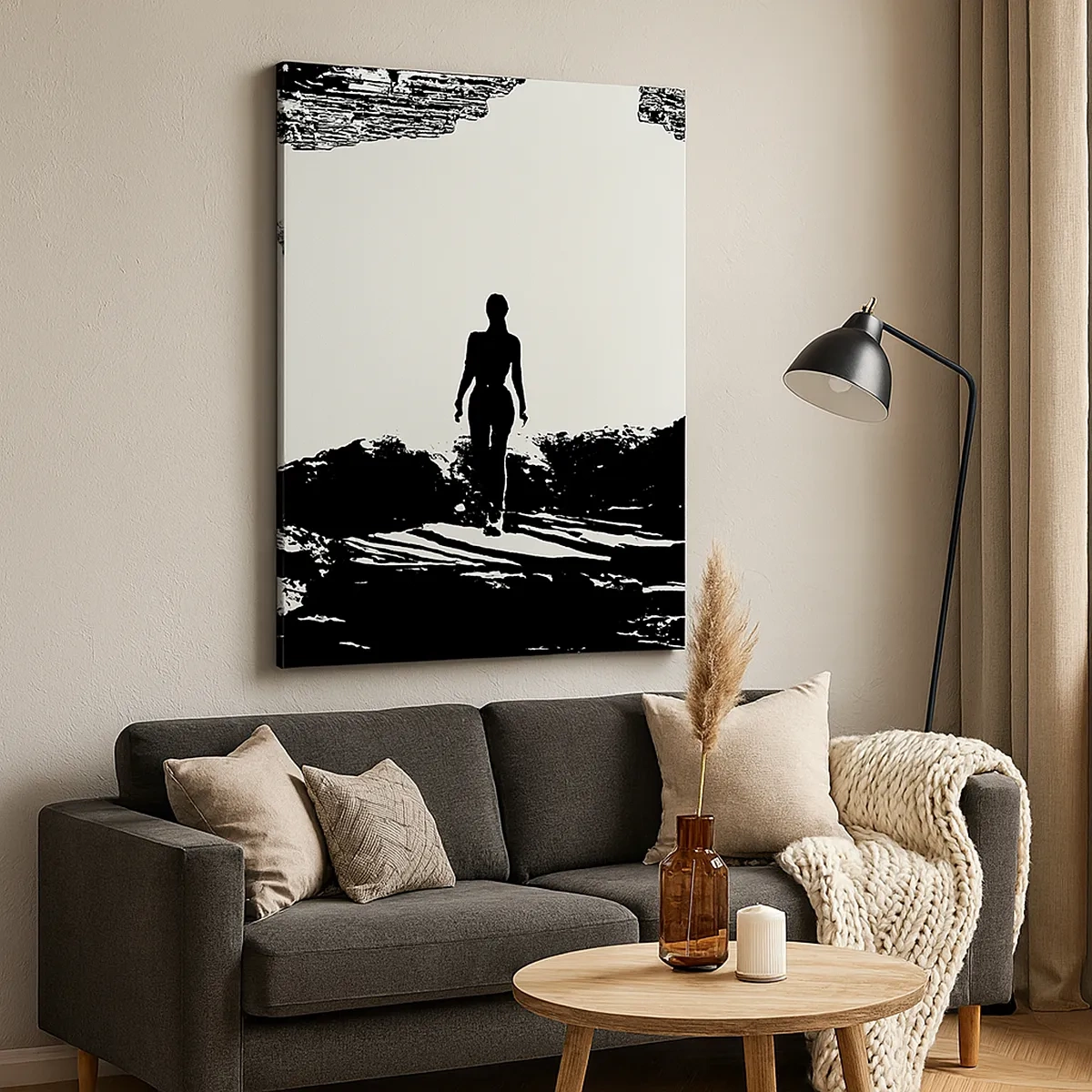 Bild auf Leinwand - Leinwandbild - Schwarz-weiße Silhouette einer Frau in einer Höhle gegen den Himmel - 50x70cm - Neuer Blick - Moderne Wanddekoration für Wohnzimmer und Schlafzimmer ARTTOR