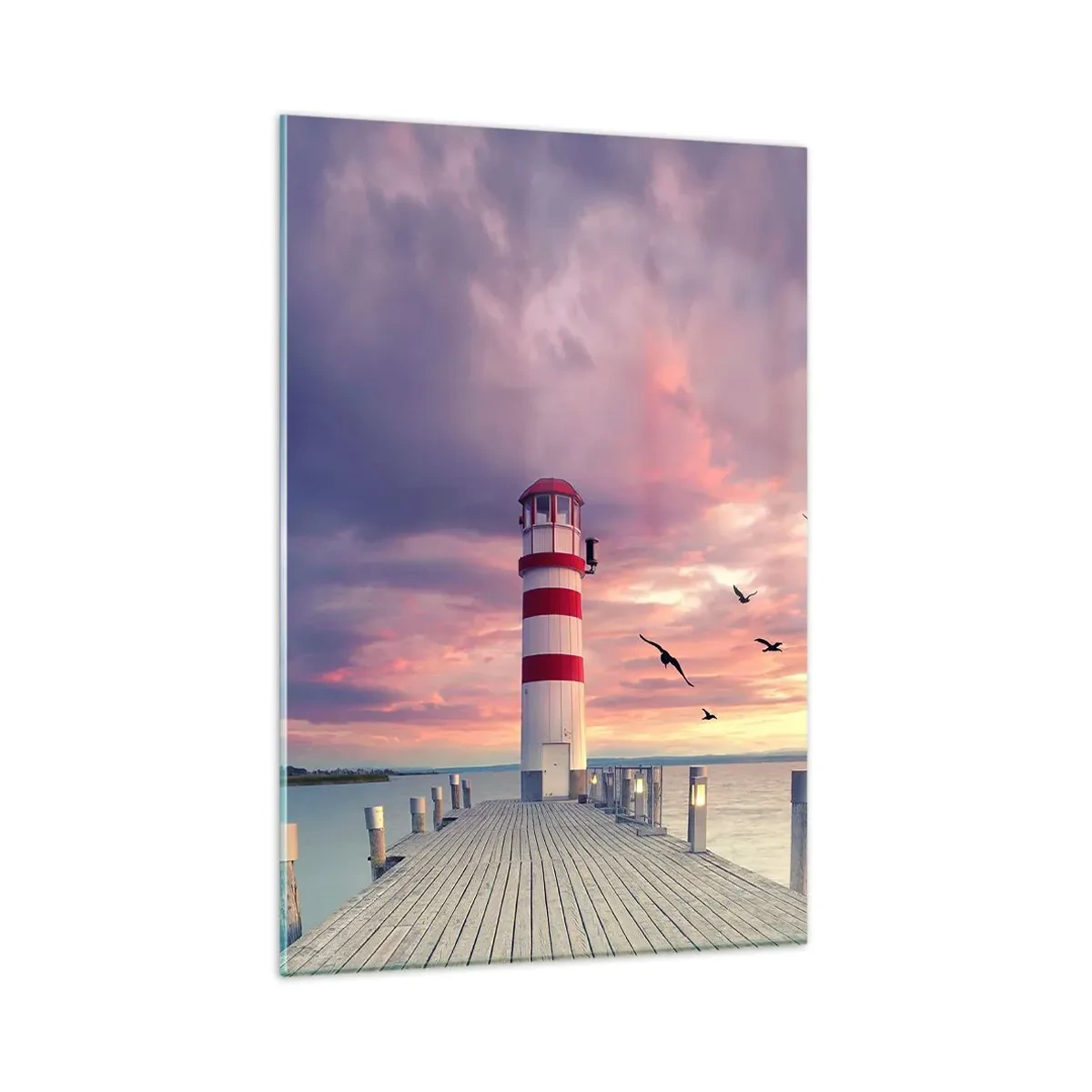 Glasbild - Bild auf glas - Ein Leuchtturm auf dem Pier, umgeben von einem malerischen Sonnenuntergang - 80x120cm - Es ist Zeit zum Hafen zu gehen - Moderne Wanddekoration für Wohnzimmer und Schlafzimmer ARTTOR