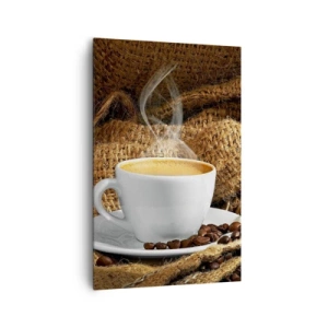 Bild auf Leinwand - Leinwandbild - Eine Tasse Kaffee, umgeben von einer Tüte Kaffeebohnen - 80x120cm - Der Geruch von Mokka und die Dicke der Honigflüssigkeit - Moderne Wanddekoration für Wohnzimmer und Schlafzimmer ARTTOR