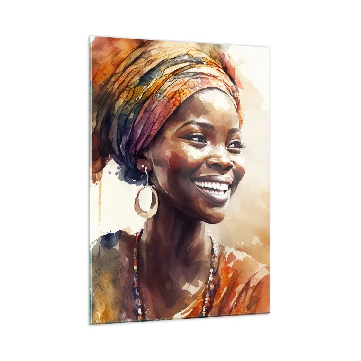 Glasbild - Bild auf glas - Aquarellporträt einer lächelnden Frau mit Turban - 50x70cm - Afrikanische Königin - Moderne Wanddekoration für Wohnzimmer und Schlafzimmer ARTTOR