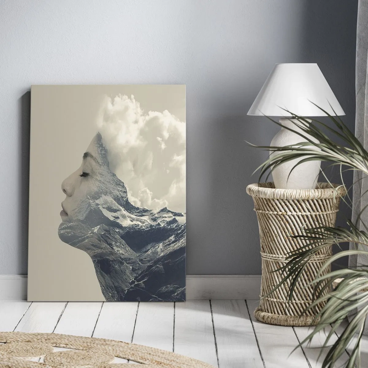 Bild auf Leinwand - Leinwandbild - Silhouette einer Frau mit einer Berglandschaft im Hintergrund - 80x120cm - Die Schönheit der Elemente der Natur - Moderne Wanddekoration für Wohnzimmer und Schlafzimmer ARTTOR