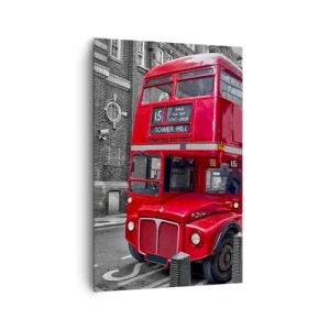 Bild auf Leinwand - Leinwandbild - Ein roter Doppeldeckerbus in London vor der Kulisse klassischer Architektur - 80x120cm - Immer gleich - Moderne Wanddekoration für Wohnzimmer und Schlafzimmer ARTTOR