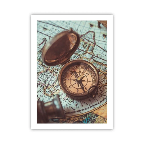 Poster - Ein antiker Kompass vor dem Hintergrund einer Weltkarte - 50x70cm - Für den Abenteurer - Moderne Wanddekoration für Wohnzimmer und Schlafzimmer ARTTOR