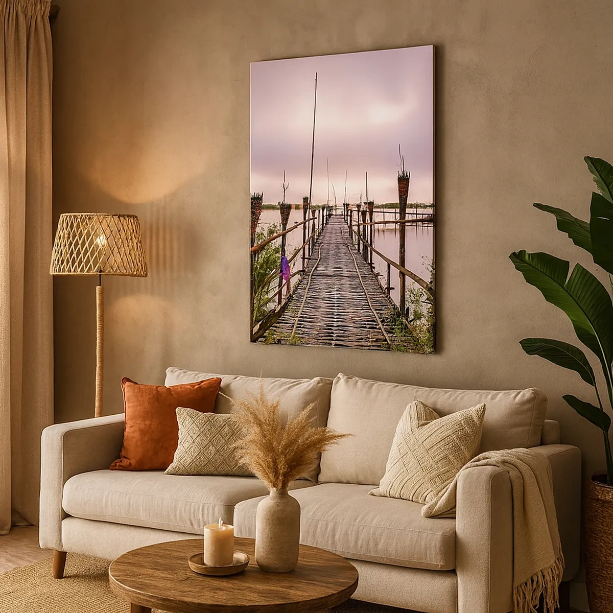 Bild auf Leinwand - Leinwandbild - Bambusbrücke über das Wasser im Morgengrauen - 50x70cm - Frieden und Ruhe Asiens - Moderne Wanddekoration für Wohnzimmer und Schlafzimmer ARTTOR