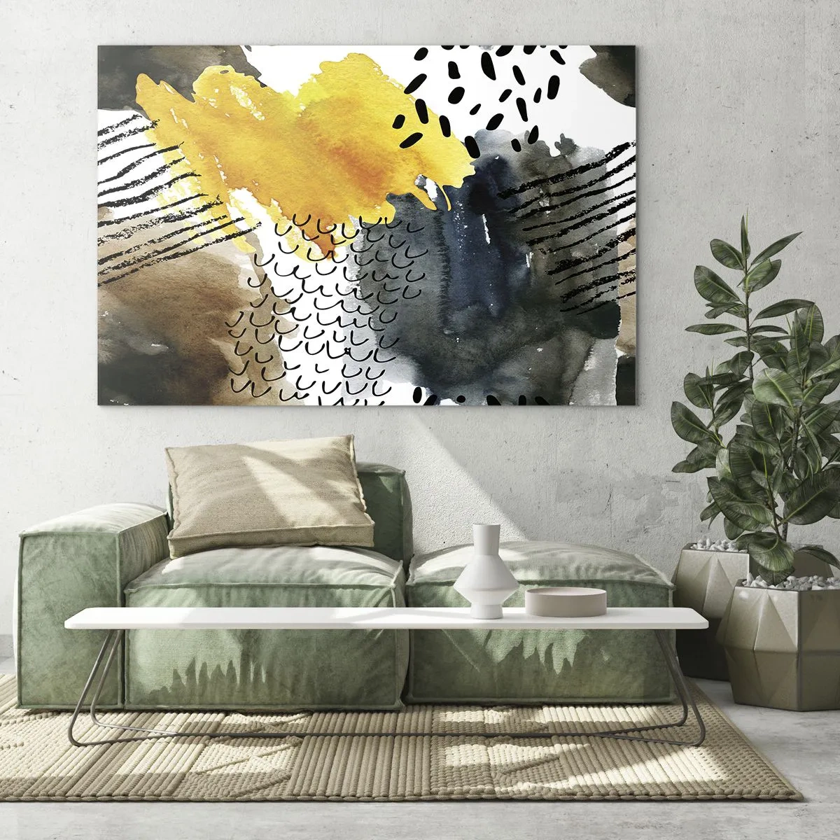 Glasbild - Bild auf glas - Eine abstrakte Komposition mit Punkten und Linien in erdigen Farben. - 100x70cm - Ein Treffen der Elemente der Natur - Moderne Wanddekoration für Wohnzimmer und Schlafzimmer ARTTOR