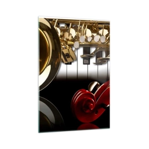 Glasbild - Bild auf glas - Ein goldenes Saxophon, Klaviertasten und eine rote Geige - 70x100cm - Blech, Holz und Elfenbein - Moderne Wanddekoration für Wohnzimmer und Schlafzimmer ARTTOR