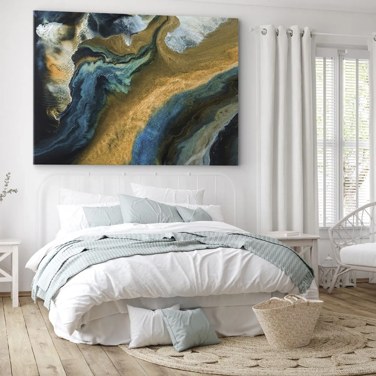 Bild auf Leinwand - Leinwandbild - Abstrakte Wellen in Gold- und Blautönen - 70x50cm - Blau - Gelb - gegenseitige Beeinflussung - Moderne Wanddekoration für Wohnzimmer und Schlafzimmer ARTTOR