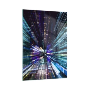 Glasbild - Bild auf glas - Dynamische Lichtlinien vor dem Hintergrund einer nächtlichen Stadt - 50x70cm - Übergang zum Hyperraum - Moderne Wanddekoration für Wohnzimmer und Schlafzimmer ARTTOR