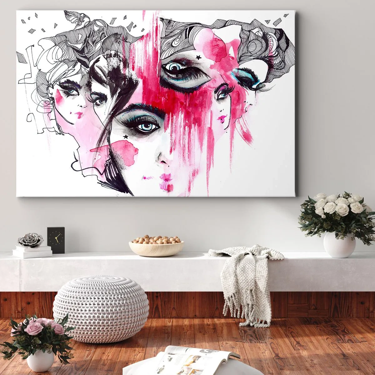 Bild auf Leinwand - Leinwandbild - Abstraktes Gesicht in Rosa- und Schwarztönen - 70x50cm - Abstrakte Augen - Moderne Wanddekoration für Wohnzimmer und Schlafzimmer ARTTOR
