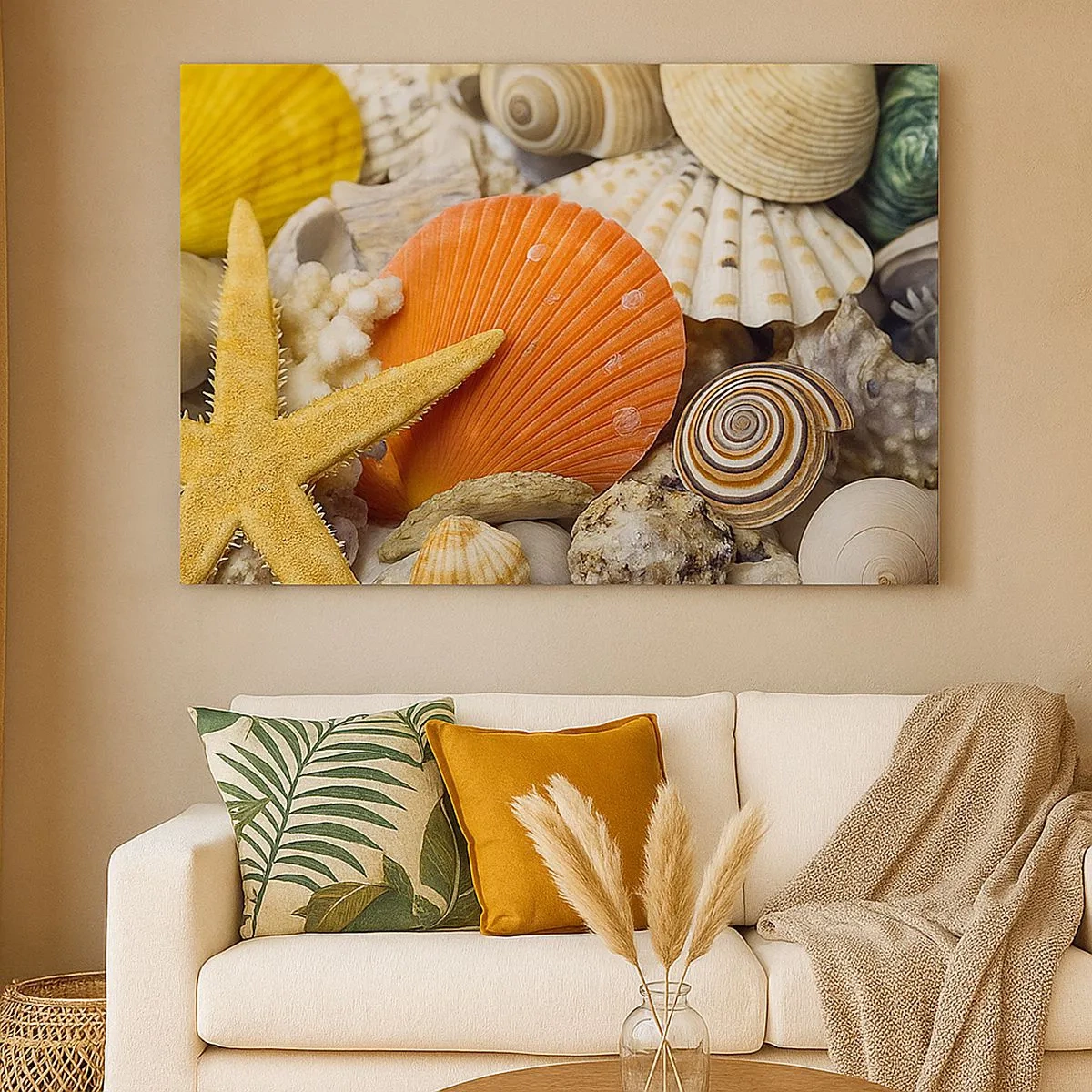Bild auf Leinwand - Leinwandbild - Muscheln und Seesterne in einer Meereskomposition - 70x50cm - Schätze des Ozeans - Moderne Wanddekoration für Wohnzimmer und Schlafzimmer ARTTOR
