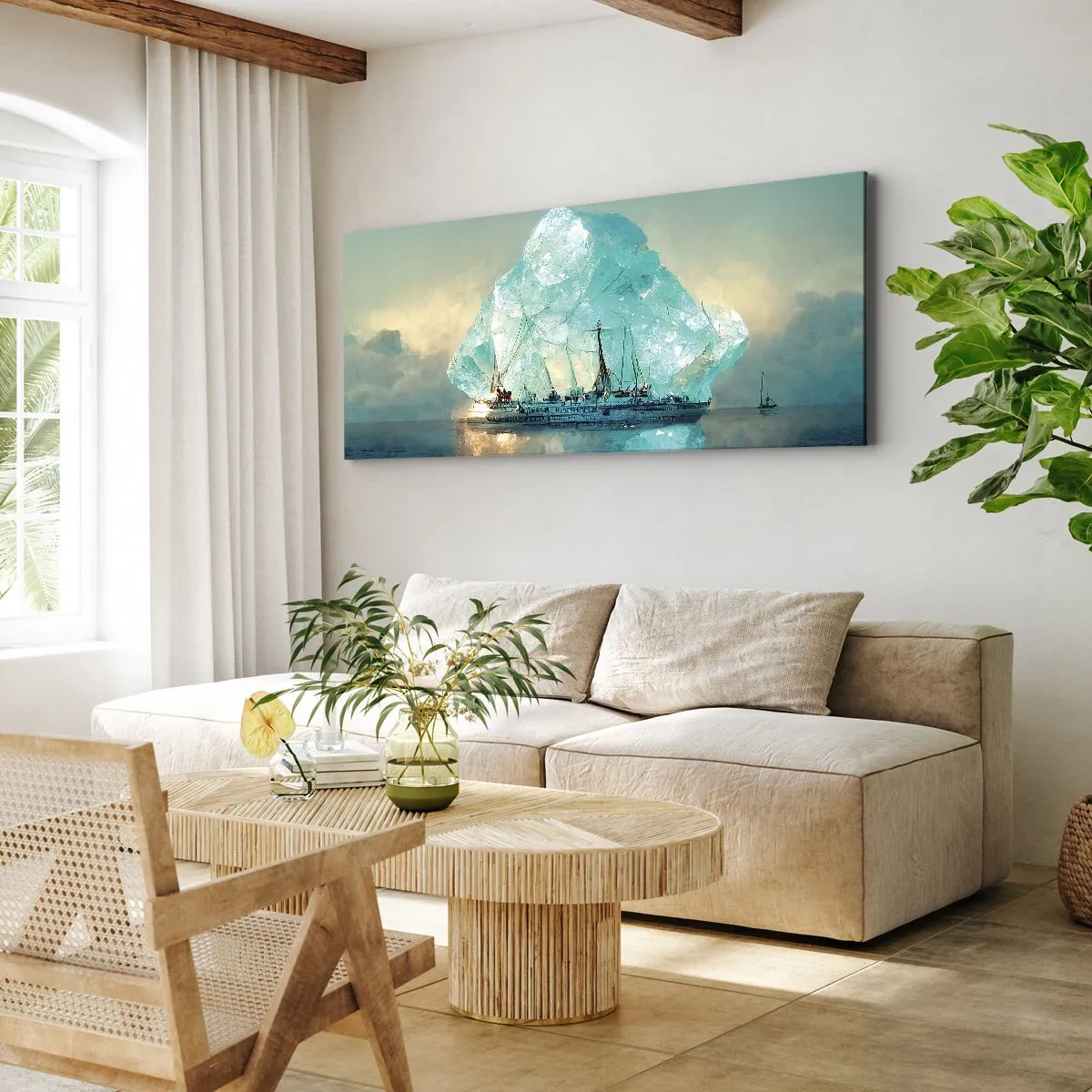 Bild auf Leinwand - Leinwandbild - Ein Schiff mit einem majestätischen Eisberg im Hintergrund - 120x50cm - Arktischer Diamant - Moderne Wanddekoration für Wohnzimmer und Schlafzimmer ARTTOR