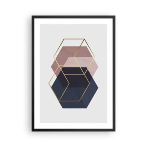 Poster in einem schwarzem Rahmen - Goldene geometrische Formen auf einem Hintergrund in Marineblau- und Rosatönen - 50x70cm - Die Kraft der Einfachheit - Moderne Wanddekoration für Wohnzimmer und Schlafzimmer ARTTOR
