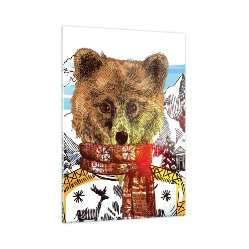 Glasbild - Bild auf glas - Ein Bär in Pullover und Schal mit Bergen und einem Haus im Hintergrund. - 50x70cm - Die Bärenhütte - Moderne Wanddekoration für Wohnzimmer und Schlafzimmer ARTTOR