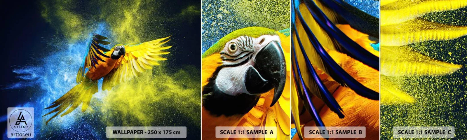 Fototapeten Muster Selbstklebend Deluxe Sticker - Im blauen und goldenen Staub - Papagei, Abstraktion, Stück - 100x30 cm
