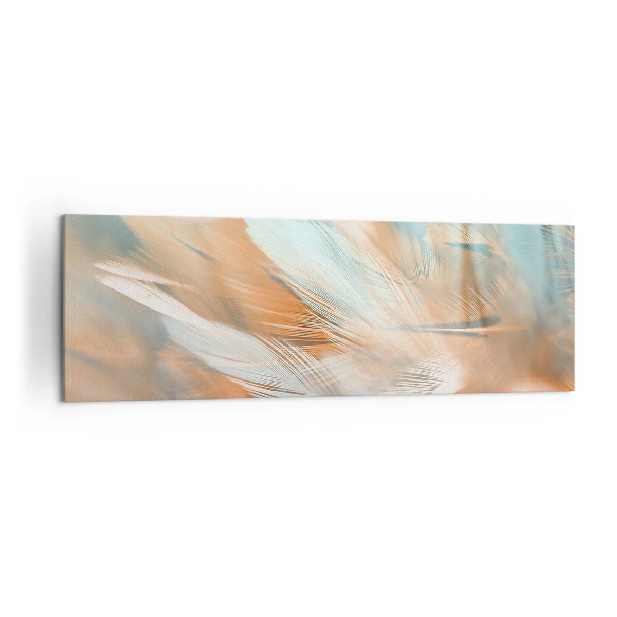 Bild auf Leinwand - Leinwandbild - Zarte Federn in Pastelltönen von Blau und Orange - 160x50cm - Im Land der Sanftmut - Moderne Wanddekoration für Wohnzimmer und Schlafzimmer ARTTOR