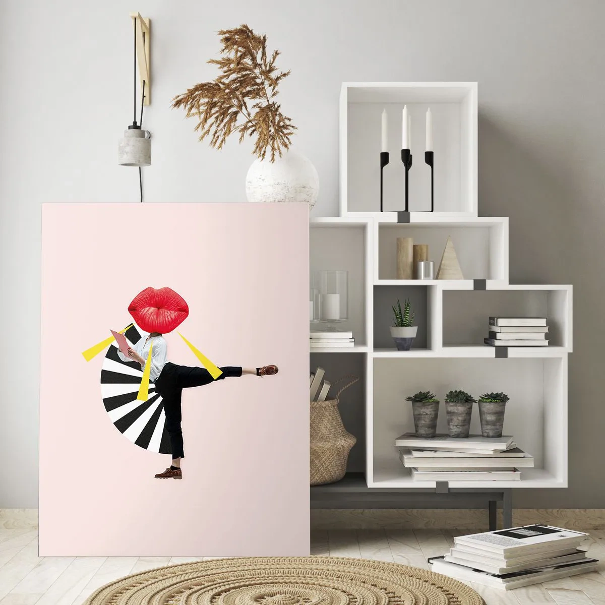 Glasbild - Bild auf glas - Surrealistische Figur mit Mund und geometrischen Elementen - 80x120cm - Surreale Pop-Art - Moderne Wanddekoration für Wohnzimmer und Schlafzimmer ARTTOR