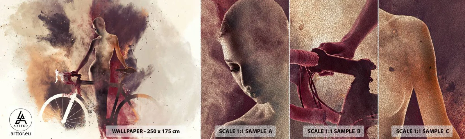 Fototapeten Muster Premium Sand - Eine Fahrradseele in Marmorformen - Abstraktion, Frau, Fahrrad - 100x30 cm