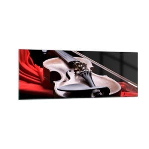 Glasbild - Bild auf glas - Geige auf rotem Stoff mit schwarzem Hintergrund - 140x50cm - Musik der Gefühle - Moderne Wanddekoration für Wohnzimmer und Schlafzimmer ARTTOR