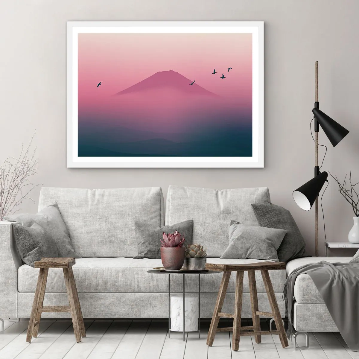 Poster in einem weißen Rahmen - Wanderer über den Wolken - 100x70 cm