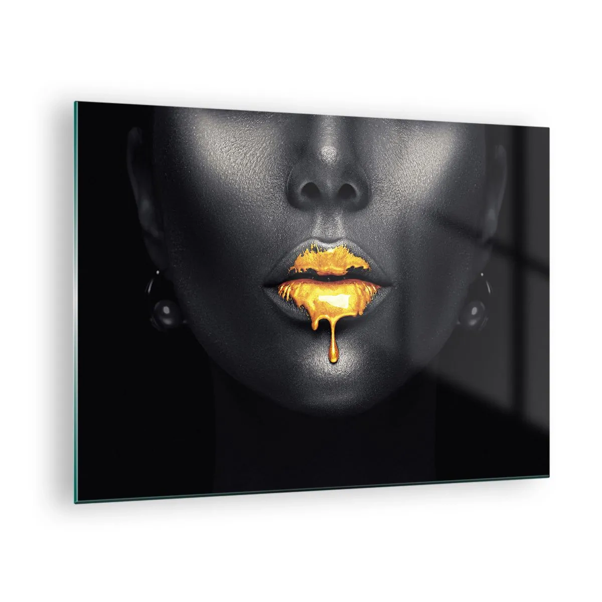 Glasbild - Bild auf glas - Schwarz-goldenes Porträt einer Frau mit glänzenden Lippen - 70x50cm - Goldmaul - Moderne Wanddekoration für Wohnzimmer und Schlafzimmer ARTTOR