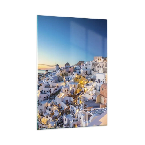 Glasbild - Bild auf glas - Blick auf eine griechische Stadt bei Sonnenuntergang - 80x120cm - Die Essenz des Griechischen - Moderne Wanddekoration für Wohnzimmer und Schlafzimmer ARTTOR