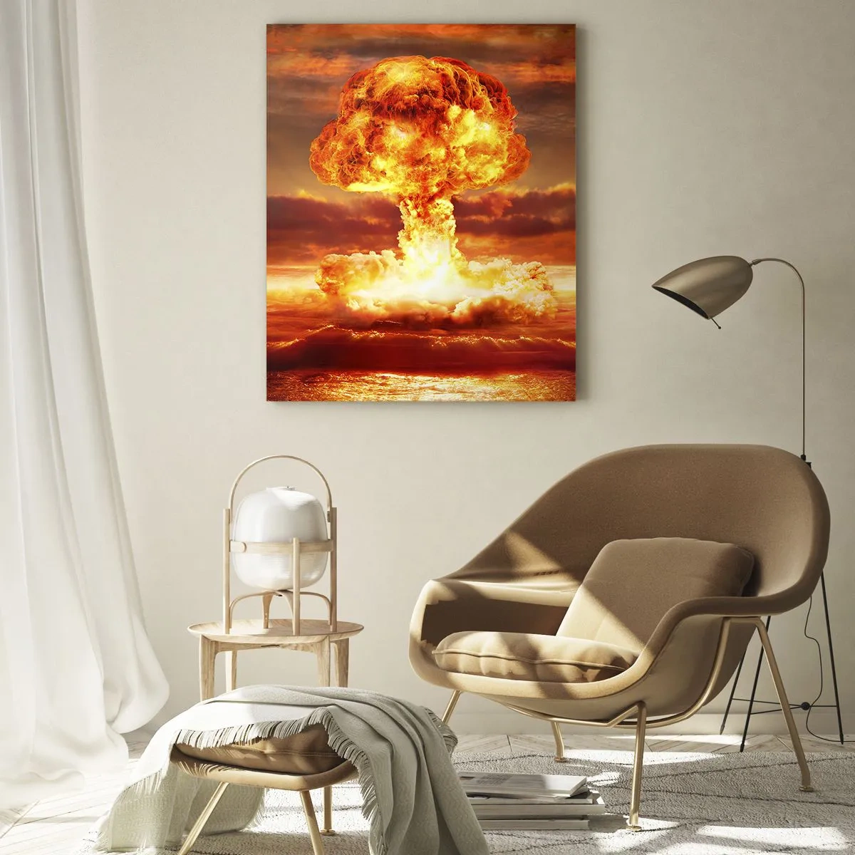Glasbild - Bild auf glas - Atompilz-Explosion vor dem Hintergrund eines Sonnenuntergangs - 80x120cm - Und das Ende wird kommen - Moderne Wanddekoration für Wohnzimmer und Schlafzimmer ARTTOR