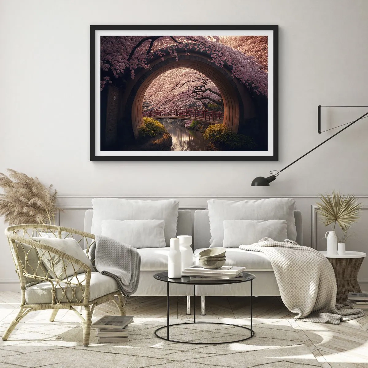 Poster in einem schwarzem Rahmen - Eine traditionelle japanische Brücke, umgeben von Kirschblüten - 70x50cm - Japanischer Frühling - Moderne Wanddekoration für Wohnzimmer und Schlafzimmer ARTTOR