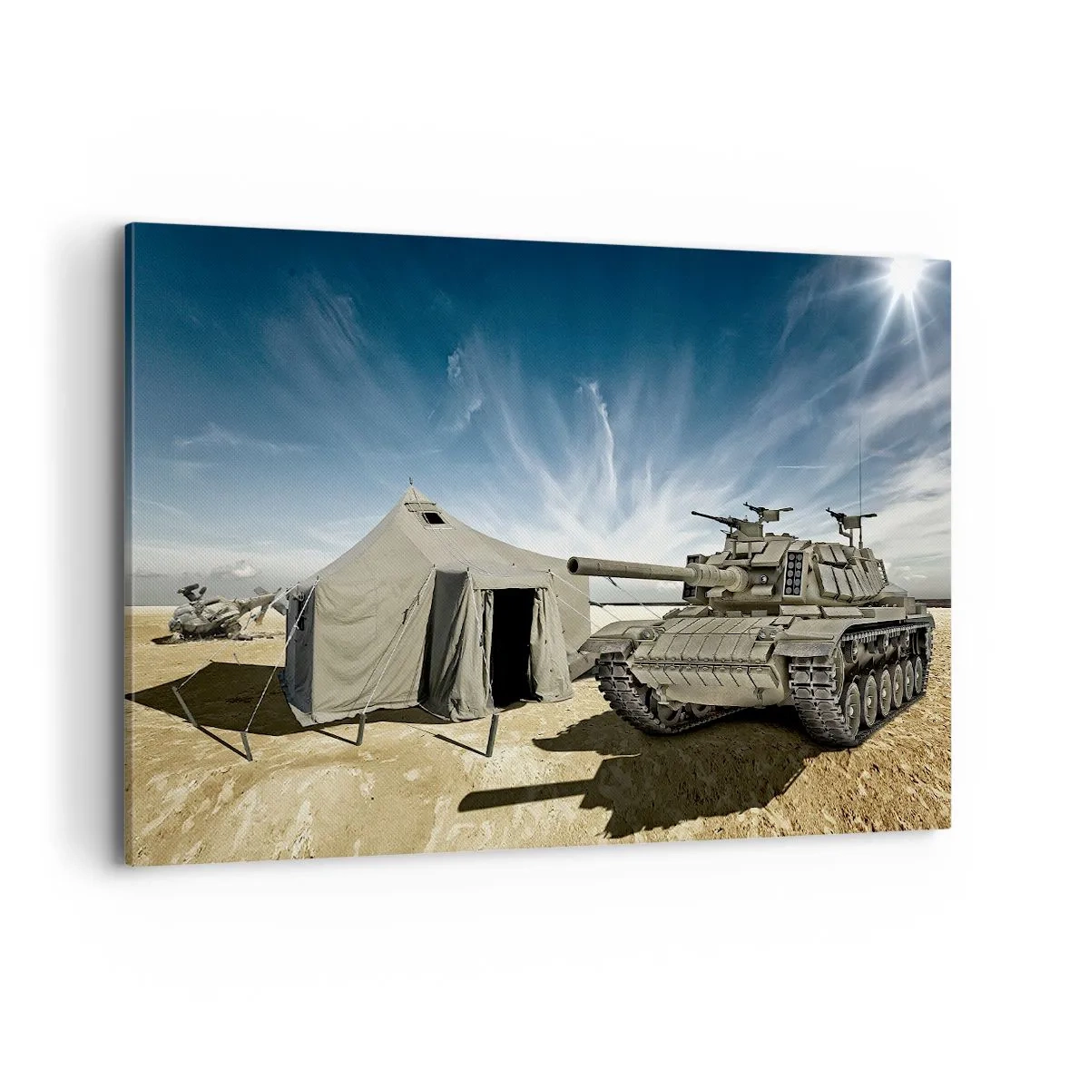 Bild auf Leinwand - Leinwandbild - Ein Panzer neben einem Militärzelt in einer Wüstengegend - 120x80cm - Ein militärischer Traum - Moderne Wanddekoration für Wohnzimmer und Schlafzimmer ARTTOR