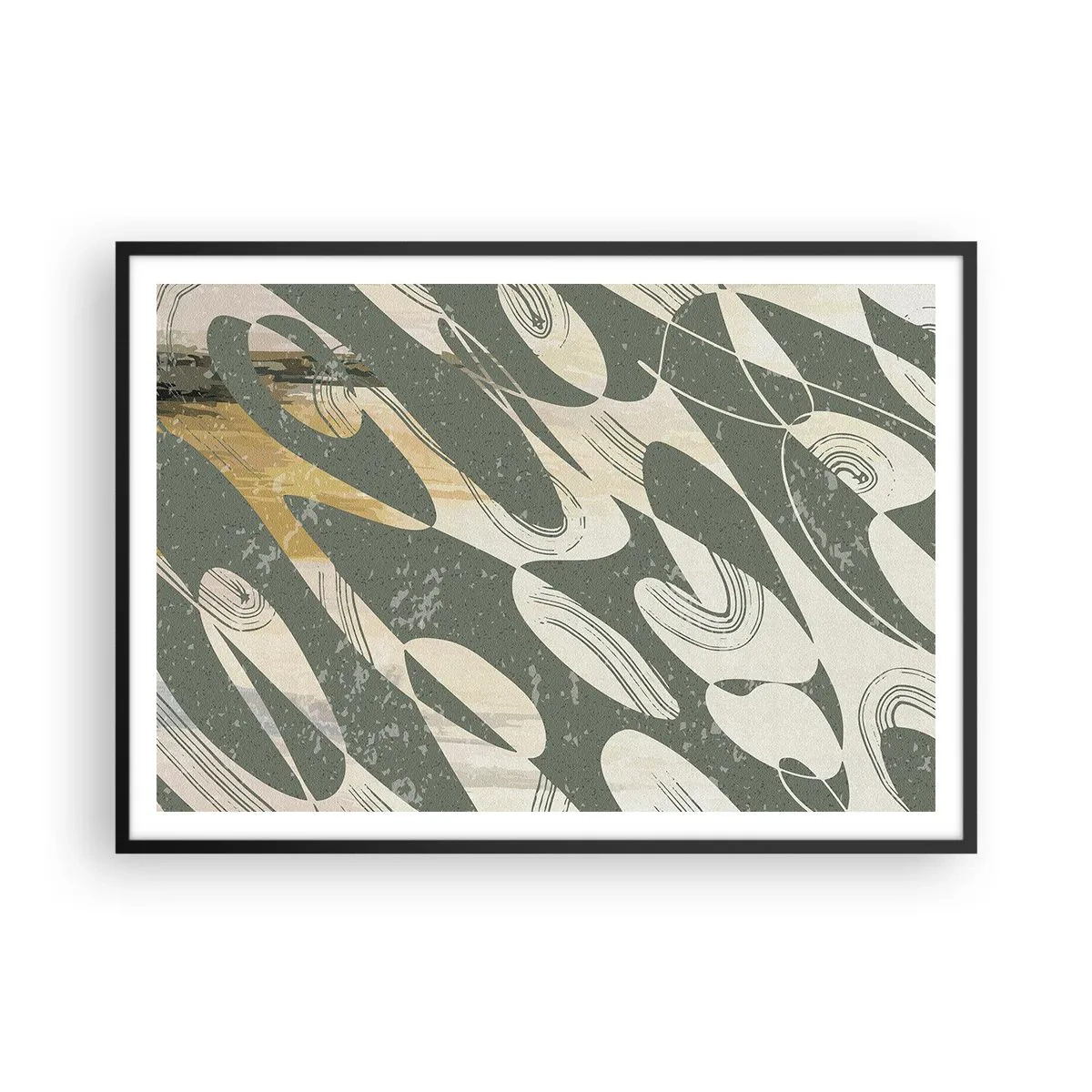 Poster in einem schwarzem Rahmen - Dynamische Formen in Grün- und Goldtönen - 100x70cm - Rhythmische Abstraktion - Moderne Wanddekoration für Wohnzimmer und Schlafzimmer ARTTOR