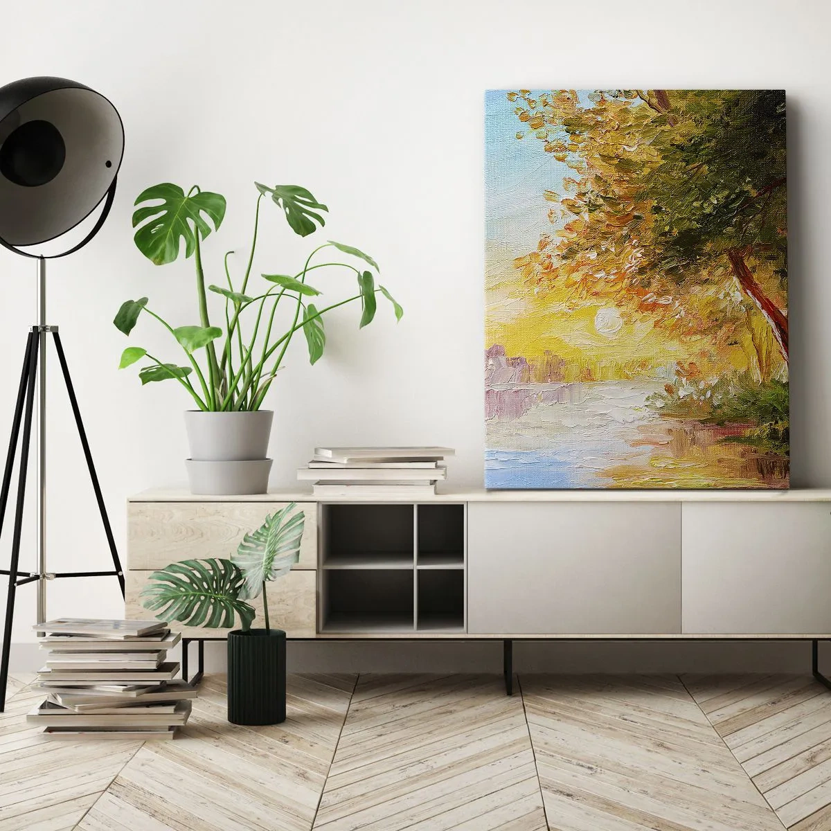 Bild auf Leinwand - Leinwandbild - Eine malerische Landschaft mit einem Fluss und Bäumen bei Sonnenuntergang - 80x120cm - Et in Arcadia ego - Moderne Wanddekoration für Wohnzimmer und Schlafzimmer ARTTOR